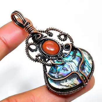 Ювелирная подвеска из медной проволоки с ракушкой абалон, солнечным камнем 2,36 дюйма 2.36 синий