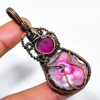 Ювелирная подвеска из медной проволоки с розовым солнечным кварцем и рубиновым драгоценным камнем 2,56 дюйма 2.56 розовый