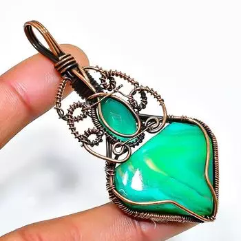 Ювелирная подвеска из медной проволоки с зеленым кружевным агатом и изумрудным драгоценным камнем длиной 2,96 дюйма 2.96 зелёный