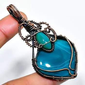 Ювелирная подвеска из медной проволоки с зеленым кружевным агатом и ониксом 2,76 дюйма 2.76 зелёный