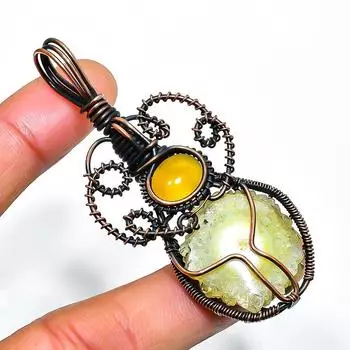 Ювелирная подвеска из медной проволоки с зеленым солнечным кварцем, драгоценным камнем ониксом, 2,56 дюйма 2.56 зелёный