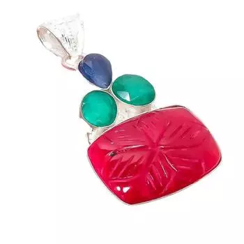 Ювелирная подвеска из серебра 925 пробы с красным рубином, изумрудом, кашмир, 2,17 дюйма AH-5193 2.17 красный