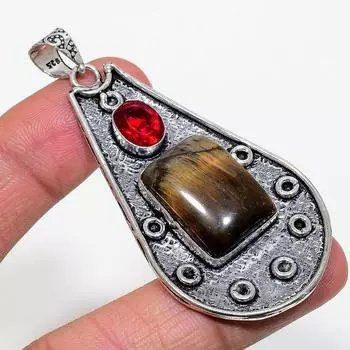 Ювелирная подвеска из стерлингового серебра 925 пробы с натуральным тигровым глазом и гранатом 2,68 дюйма T4L11