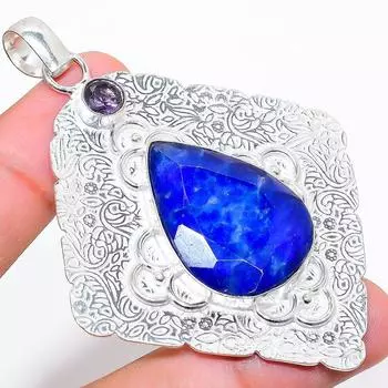 Ювелирная подвеска из стерлингового серебра 925 пробы с бирманским сапфиром и аметистом 2,84 дюйма v6P56 синий