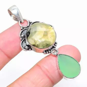 Ювелирная подвеска из стерлингового серебра 925 пробы с пренитом и халцедоном 2,56 дюйма w0I70 зелёный