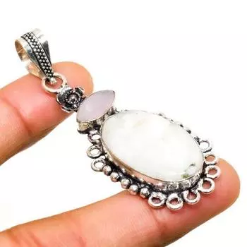 Ювелирная подвеска ручной работы с радужным лунным камнем и розовым халцедоном, 2,38 дюйма 2.38 белый