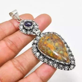 Ювелирная подвеска с бамбуковой яшмой и аметистом 925 пробы, посеребренная, 3,21 дюйма 3.21 коричневый