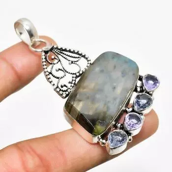 Ювелирная подвеска с лабрадоритом и аметистом 925 пробы, посеребренная, 2,46 дюйма 2.46 чёрный