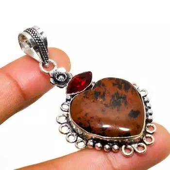 Ювелирная подвеска с обсидианом красного дерева и гранатом 925 пробы, посеребренная, 2,27 дюйма 2.27 коричневый