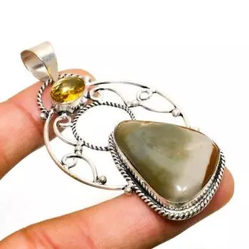 Ювелирная подвеска с пейзажной яшмой и цитрином, посеребренная 925 проба, 2,46 дюйма 2.46 зелёный