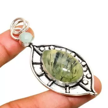 Ювелирная подвеска с пренитом и аквамарином 925 пробы, посеребренная, 2,65 дюйма 2.65 зелёный
