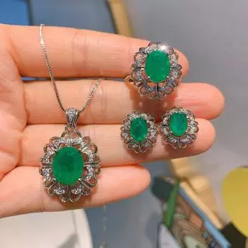 Ювелирное имитация изумрудного кольца винтажный комплект подвеска цветок драгоценный камень кольцо