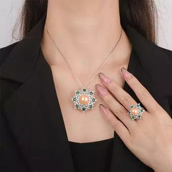 Ювелирное изделие имитация изумруда подсолнечник жемчужное кольцо медное дно позолоченное ожерелье из жемчуга рябчик
