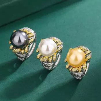 Ювелирное изделие Имитация натурального жемчуга Кольцо Французский цветок Бриллиант Кристалл Жемчуг Кольцо на указательный палец Желтое кольцо с ракушкой