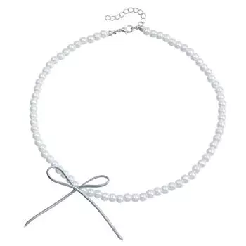 Ювелирное изделие Ожерелье с жемчугом в виде банта Женский дизайн Цепочка на ключицу Серебряный кожаный шнурок Ожерелье