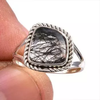 Ювелирное кольцо из чистого серебра 925 пробы с натуральным черным рутилом, размер 6 o3d18