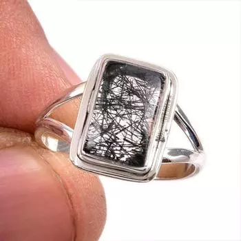 Ювелирное кольцо из чистого серебра 925 пробы с натуральным черным рутилом, размер 8 q1z43