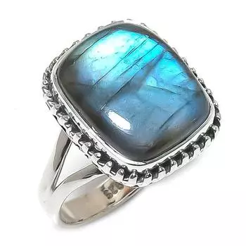 Ювелирное кольцо из чистого серебра 925 пробы с натуральным лабрадоритом, размер 6 V5i48