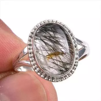 Ювелирное кольцо из чистого серебра 925 пробы с натуральным черным рутилом, размер 9 u2t48