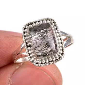 Ювелирное кольцо из чистого серебра 925 пробы с натуральным черным рутилом, размер 8 k9G55