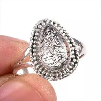 Ювелирное кольцо из чистого серебра 925 пробы с натуральным черным рутилом S.8.5 y9f99