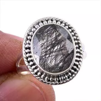 Ювелирное кольцо из чистого серебра 925 пробы с натуральным черным рутилом, размер 6 O4G47