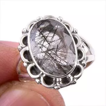 Ювелирное кольцо из чистого серебра 925 пробы с натуральным черным рутилом, размер 6 Q8g55