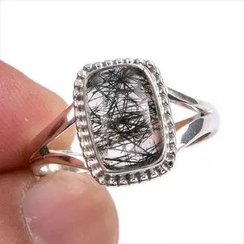 Ювелирное кольцо из чистого серебра 925 пробы с натуральным черным рутилом S.8.5 N8Q63