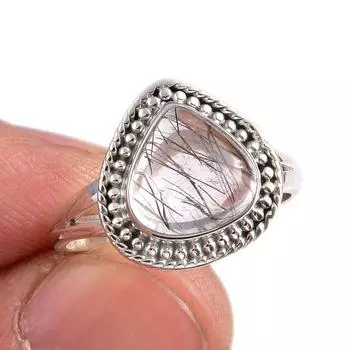 Ювелирное кольцо из чистого серебра 925 пробы с натуральным черным рутилом S.7.5 t2U02