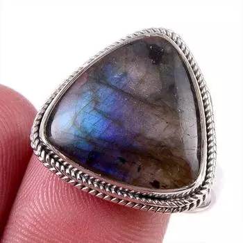 Ювелирное кольцо из чистого серебра 925 пробы с натуральным лабрадоритом, размер 9 V8v31