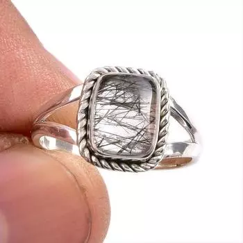 Ювелирное кольцо из чистого серебра 925 пробы с натуральным черным рутилом, размер 6 v9m96