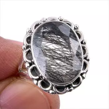 Ювелирное кольцо из чистого серебра 925 пробы с натуральным черным рутилом, размер 6 z7O84