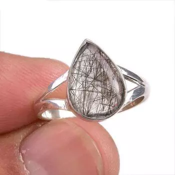 Ювелирное кольцо из чистого серебра 925 пробы с натуральным черным рутилом, размер 7 Q1Y79