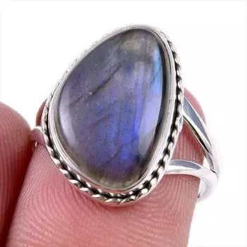 Ювелирное кольцо из чистого серебра 925 пробы с натуральным лабрадоритом, размер 6 q8B48