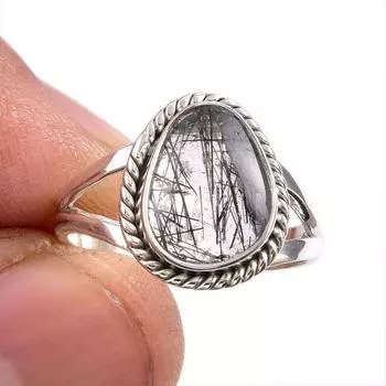 Ювелирное кольцо из чистого серебра 925 пробы с натуральным черным рутилом, размер 6 W9V82