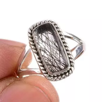 Ювелирное кольцо из чистого серебра 925 пробы с натуральным черным рутилом, размер 6 K4V73