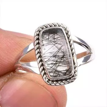 Ювелирное кольцо из чистого серебра 925 пробы с натуральным черным рутилом S.7.5 s8J93