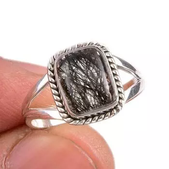 Ювелирное кольцо из чистого серебра 925 пробы с натуральным черным рутилом, размер 7 Q1h06