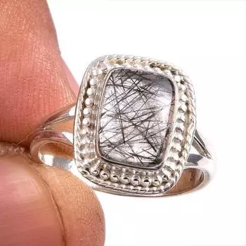 Ювелирное кольцо из чистого серебра 925 пробы с натуральным черным рутилом, размер 8 z6F67