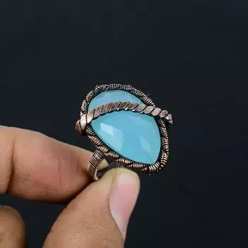 Ювелирное кольцо из лунного камня с медной проволокой, обернутое вручную, подарок для нее 4 синий