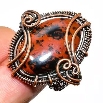 Ювелирное кольцо из медной проволоки ручной работы с обсидианом красного дерева, размер 7,5