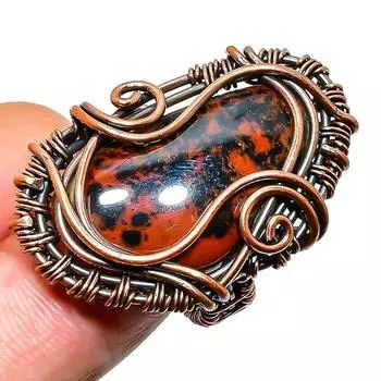 Ювелирное кольцо из медной проволоки ручной работы с обсидианом красного дерева, размер 7,5