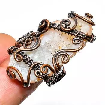 Ювелирное кольцо из медной проволоки ручной работы с агатом и жеодой, размер 8