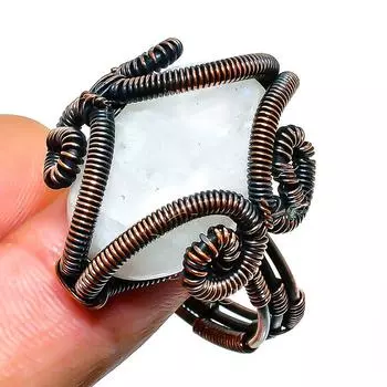 Ювелирное кольцо из медной проволоки ручной работы с радужным лунным камнем, размер 11