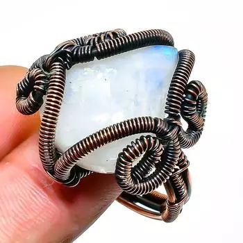 Ювелирное кольцо из медной проволоки ручной работы с радужным лунным камнем, размер 11