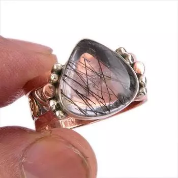 Ювелирное кольцо из натурального черного рутила, двухцветное ювелирное кольцо из стерлингового серебра 925 пробы S.9 N6o80