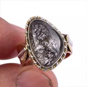 Ювелирное кольцо из натурального черного рутила, двухцветное ювелирное кольцо из стерлингового серебра 925 пробы S.6 H3T24