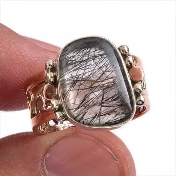 Ювелирное кольцо из натурального черного рутила, двухцветное ювелирное кольцо из стерлингового серебра 925 пробы S.8 o9M31