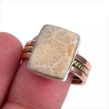 Ювелирное кольцо из натурального ископаемого коралла, двухцветное ювелирное кольцо из стерлингового серебра 925 пробы S.9 S2L20