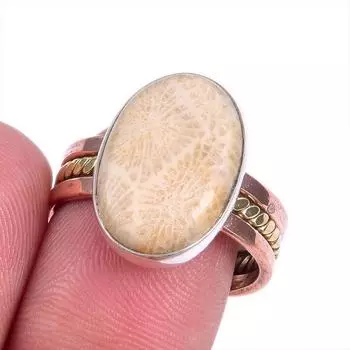 Ювелирное кольцо из натурального ископаемого коралла, двухцветное ювелирное кольцо из стерлингового серебра 925 пробы S.8 u0L35